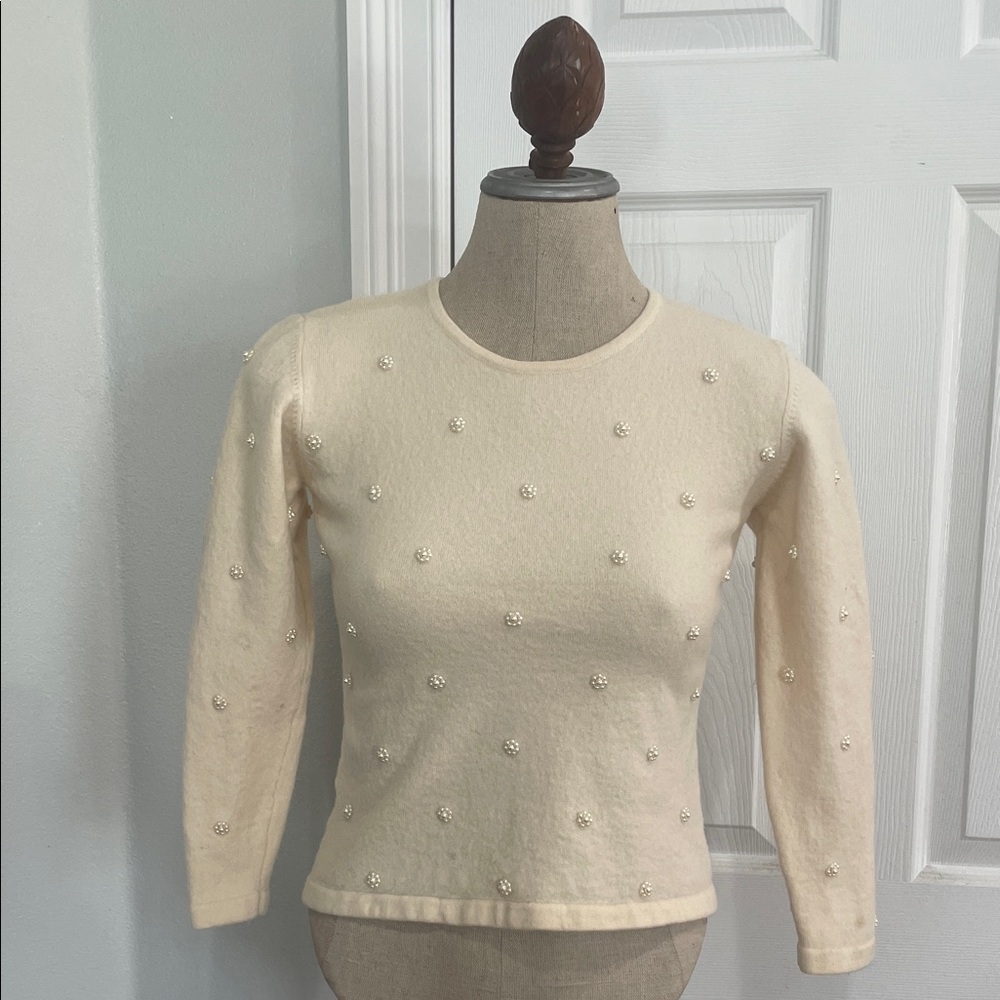 Liz Claiborne Merino Wool Cream Sweater with Pearl Accents